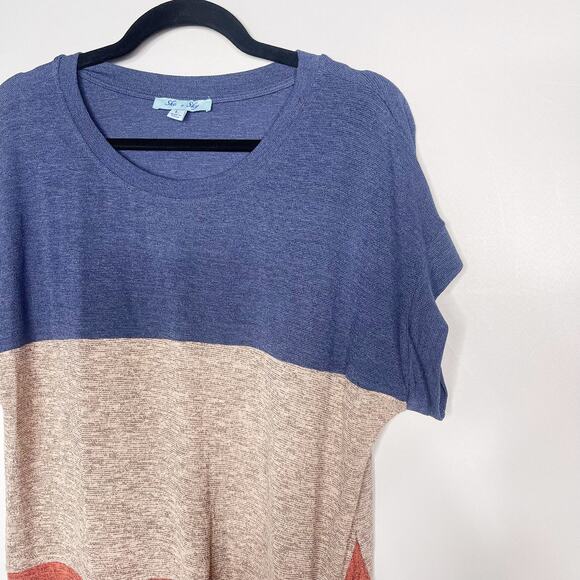 New She + Sky Large L Blue Brown Orange Twist Front Color Block Striped Shirt - Picture 3 of 8